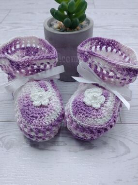 New Hand Crocheted Infant Girl Variegated Purple Booties,Cotton Thread